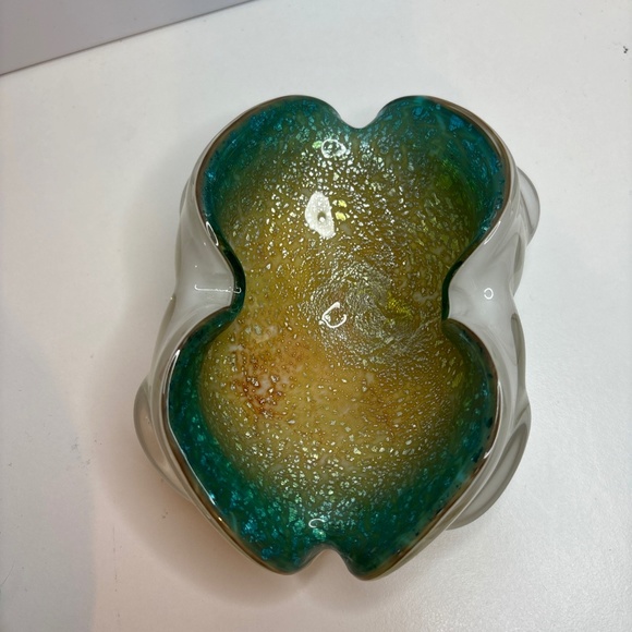 Vintage Murano Candy Dish White base in Blue Yellow Green and Silver Inclusions - Picture 1 of 11